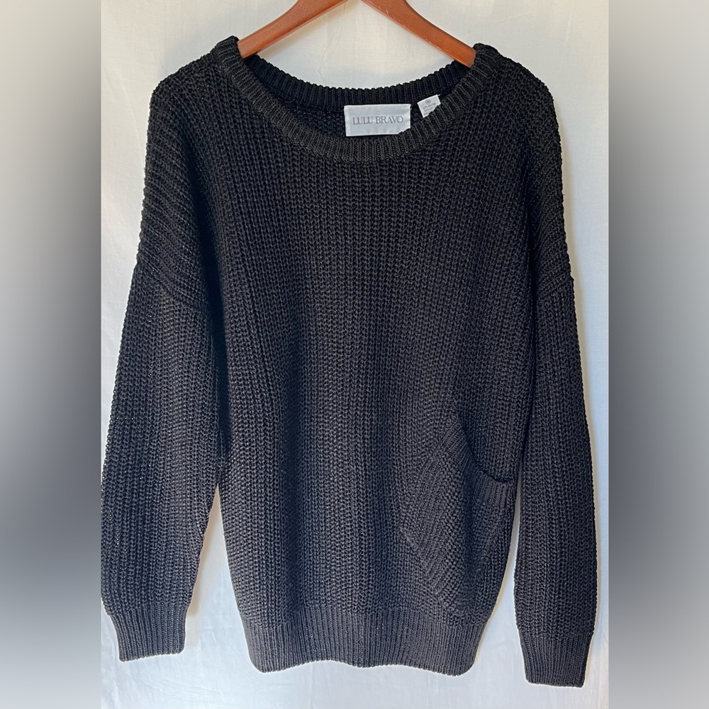 LULU BRAVO -Women’s Rayon Cotton Heavy Chunky Knit Sweater with Pocket -Black -M